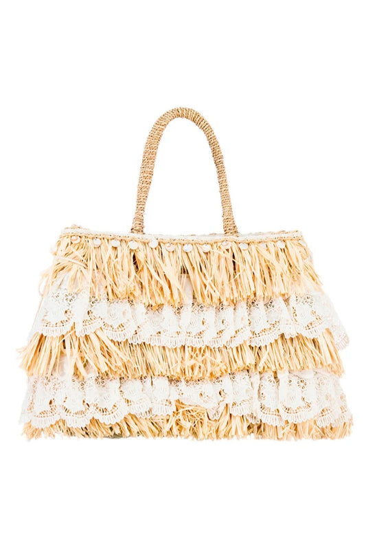 Boho-Raffia-Tasche mit Spitzen- und Muscheldetails