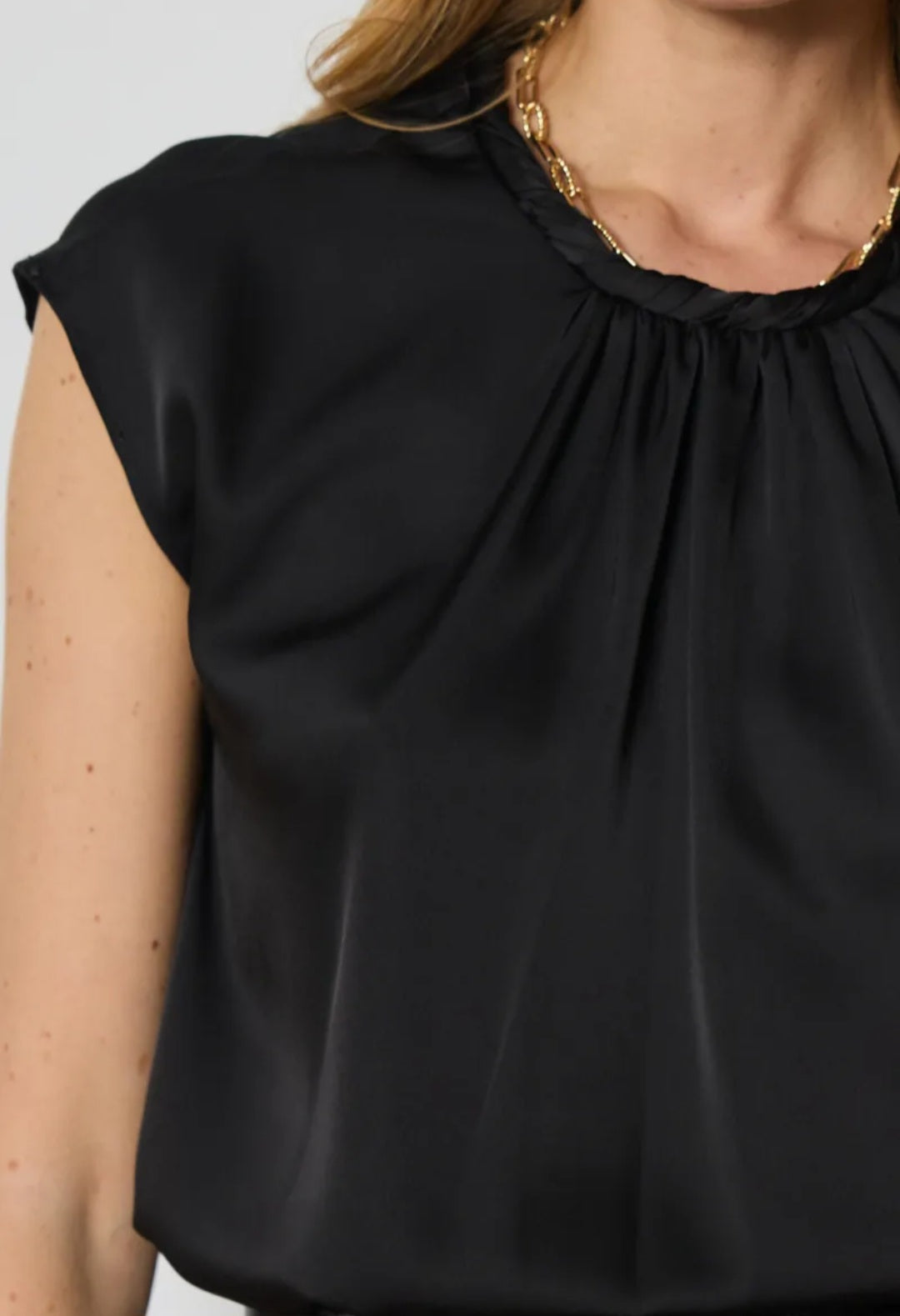 Black Satin Round Neck Top with Pleated Details – Stylish and Timeless
