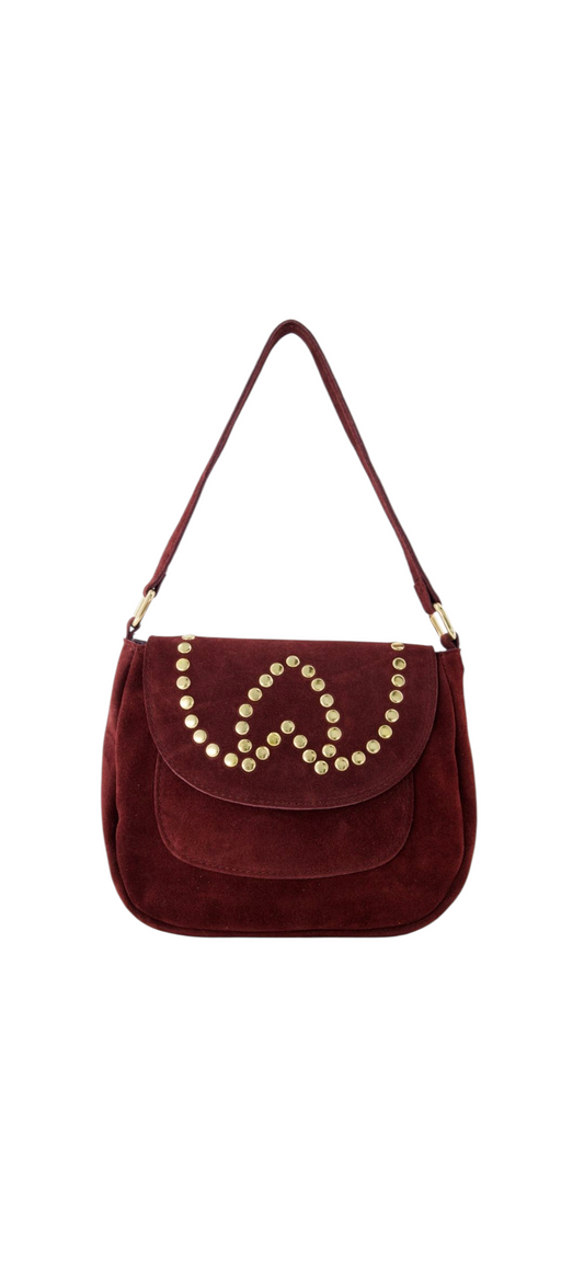 Bordeauxrode Suède Schoudertas – Goudkleurige Studs & Boho-Chic Flair
