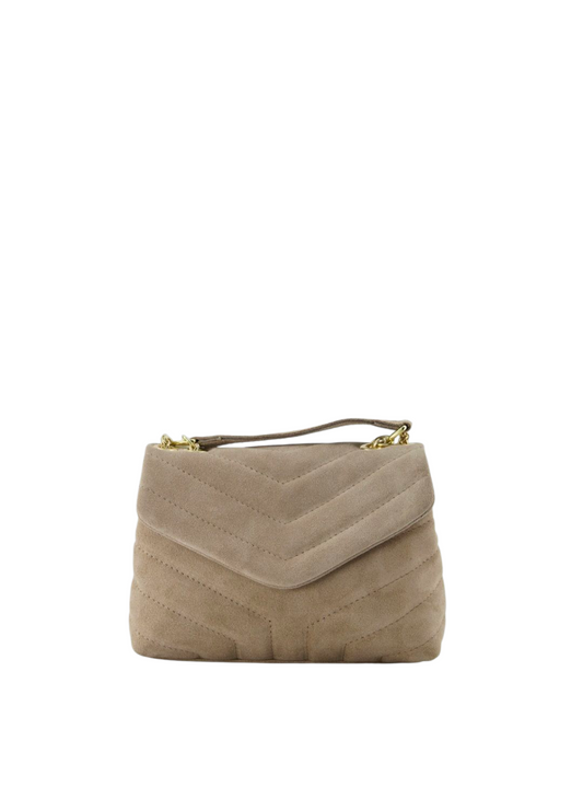 Beige Suède Schoudertas – Quilted Design met Gouden Ketting