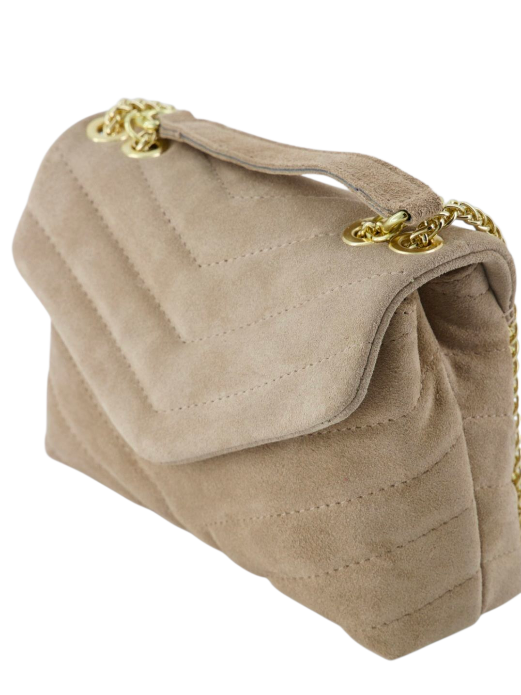 Beige Suède Schoudertas – Quilted Design met Gouden Ketting