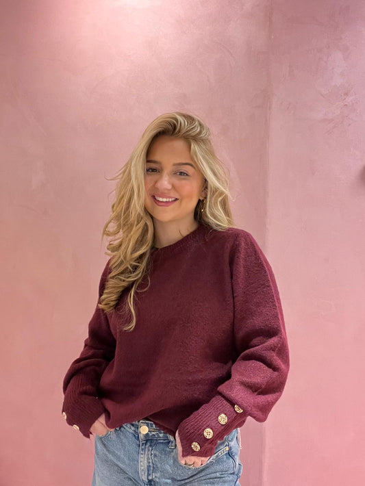 Elegante Gebreide Trui met Gouden Knopen – Bordeaux