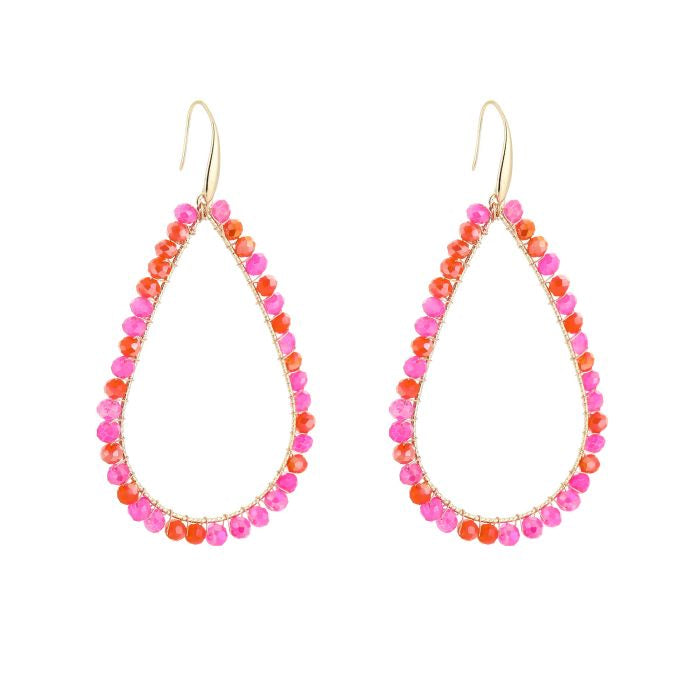 Goudkleurige statement oorbellen met roze en oranje kralen