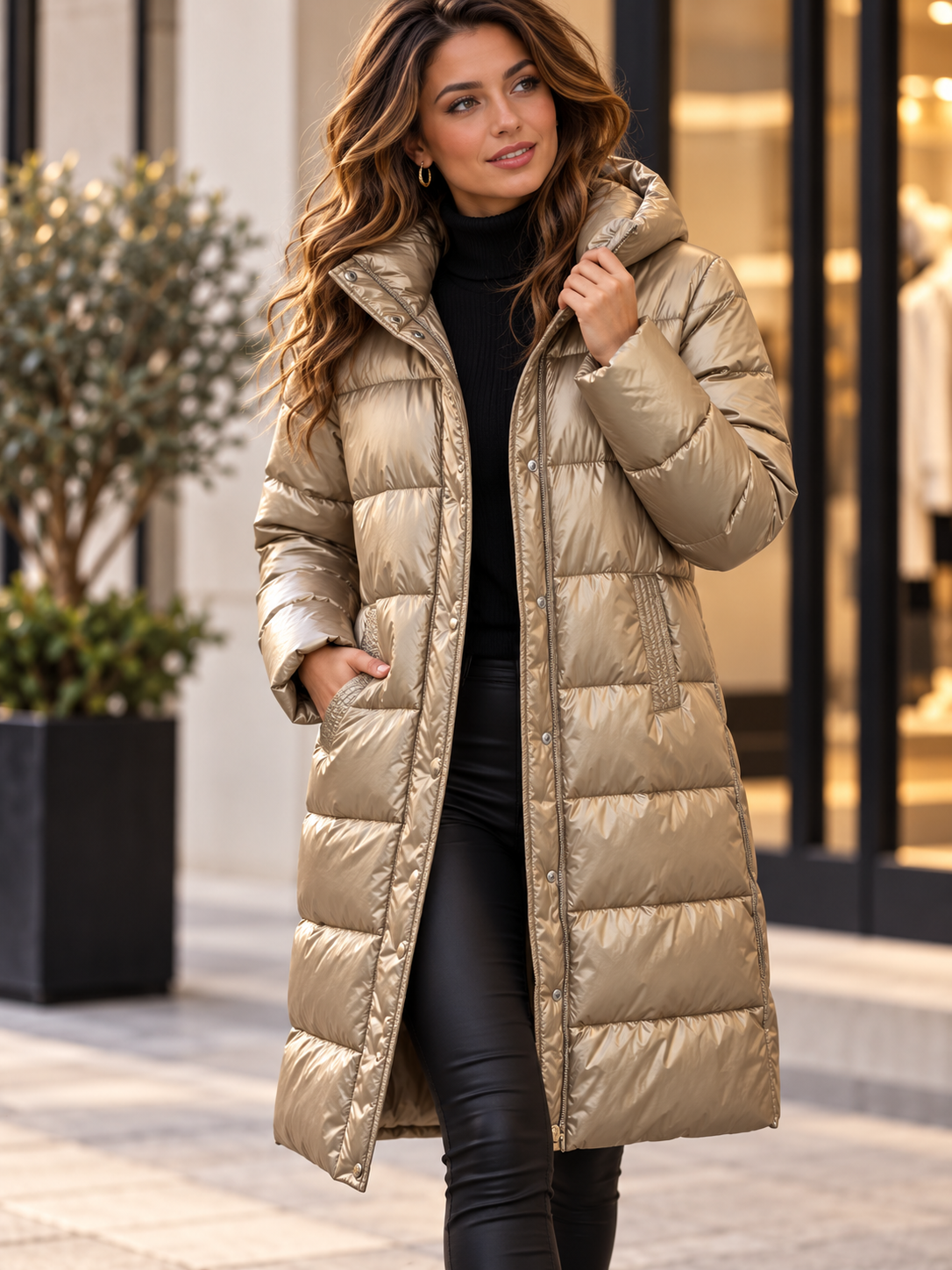 BEIGE-GOUD METALLIC LANGE PUFFERJAS – WARM, LUXE & EEN ECHTE EYECATCHER
Deze