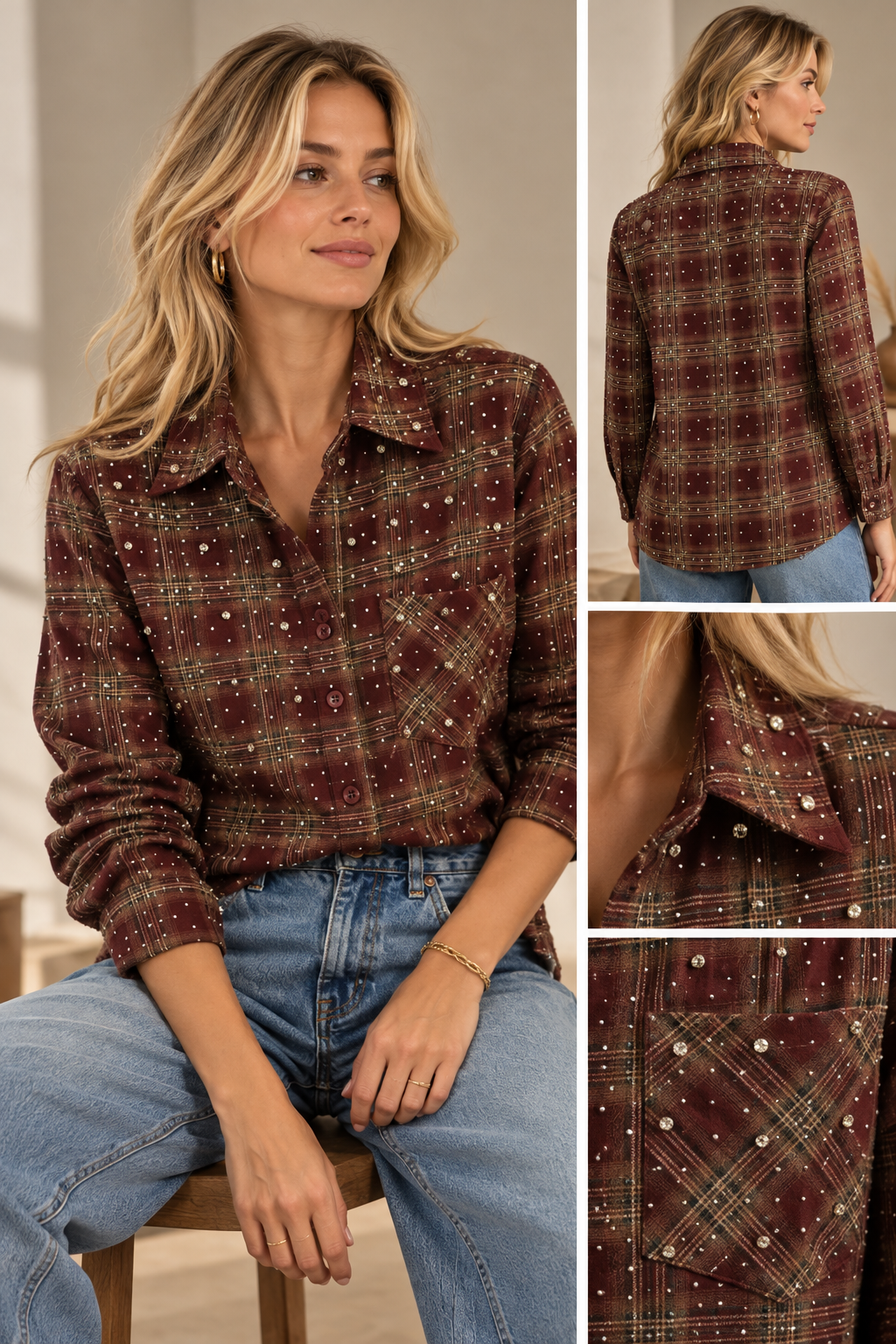 THE SPARKLE CHECK BLOUSE – BORDEAUX