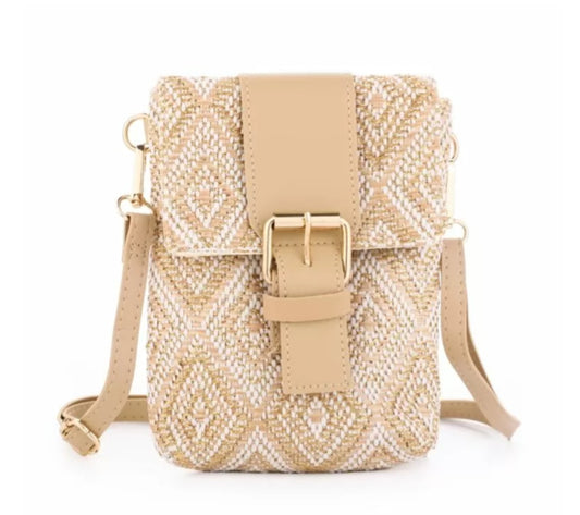 Boho Crossbody Bag – Beige Cotton &amp; Gold | With Buckle Detail