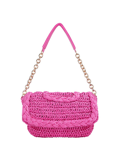 Raffia Schoudertas – Felroze met Gouden Schakelketting