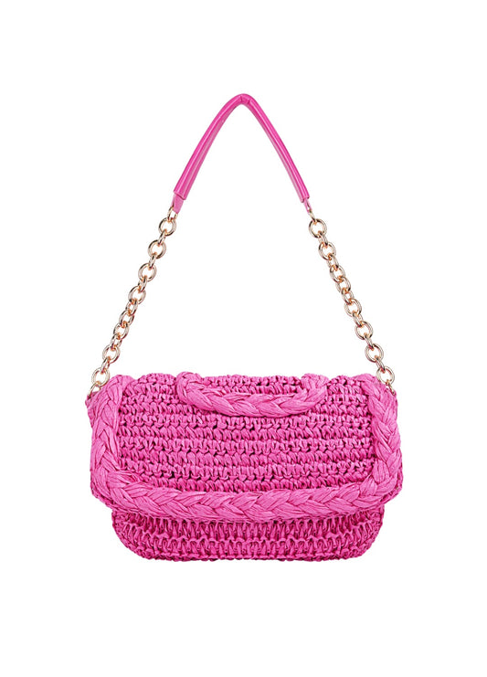 Raffia Shoulder Bag – Hot Pink with Gold Chain