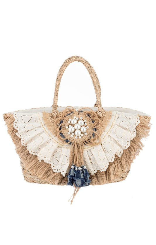 Boho Beach Bag with Pearls and Lace Details – Handmade Raffia