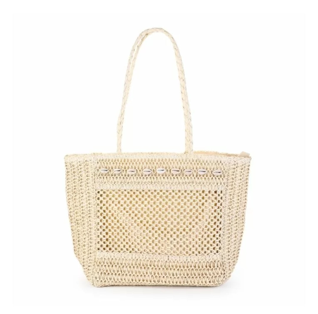 Crocheted Beach Bag Beige – With Shells – Boho Style