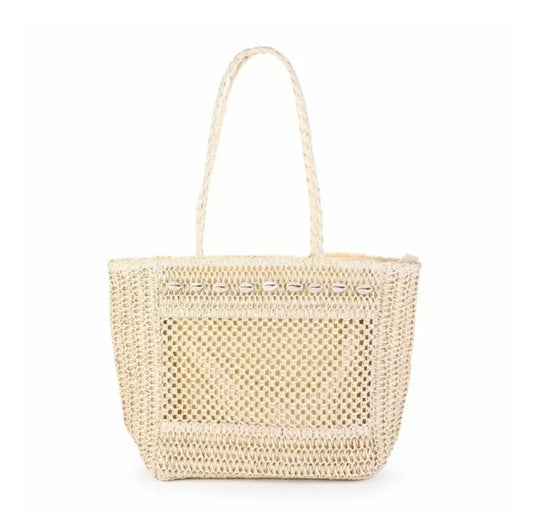 Crocheted Beach Bag Beige – With Shells – Boho Style