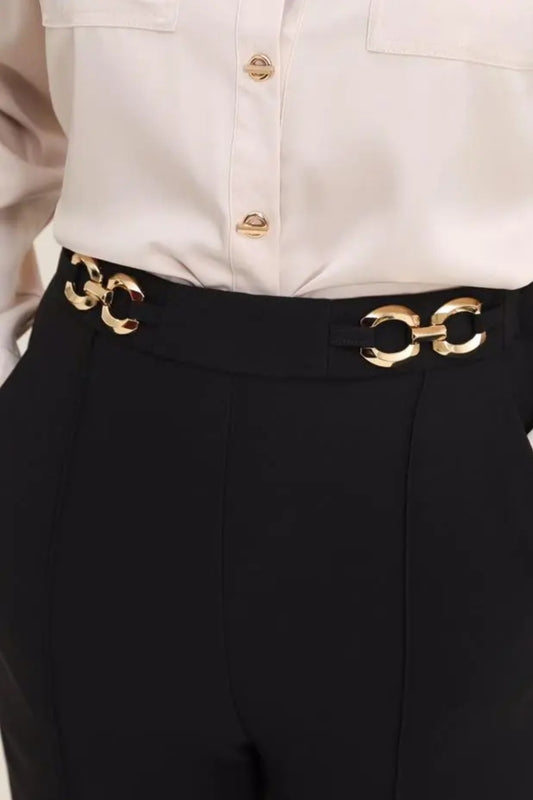 Black High-Waisted Pants with Gold Chain Detail – Elegant and Chic 