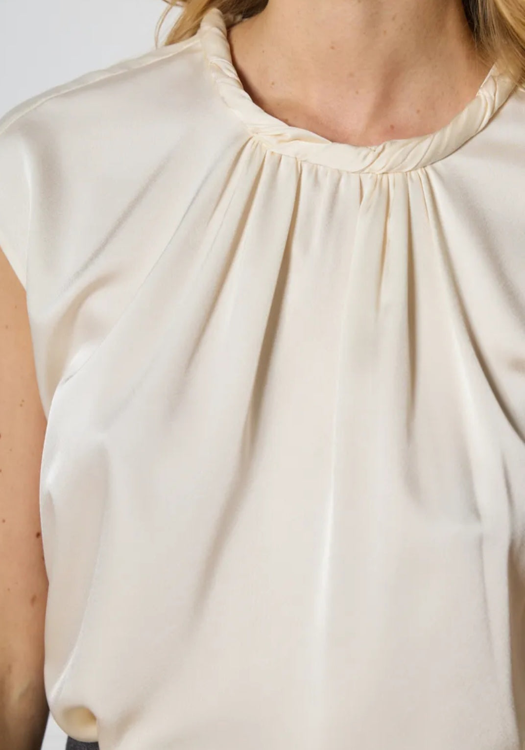 Beige Satin Round Neck Top with Pleated Details – Stylish and Timeless