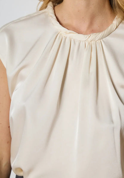 Beige Satin Round Neck Top with Pleated Details – Stylish and Timeless