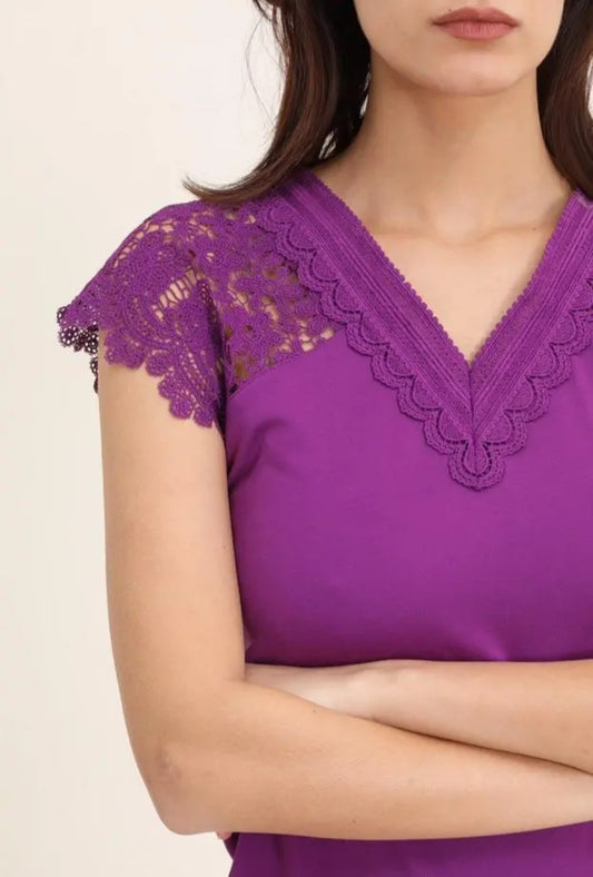 Elegante Paarse Top met Kantdetails en V-Hals