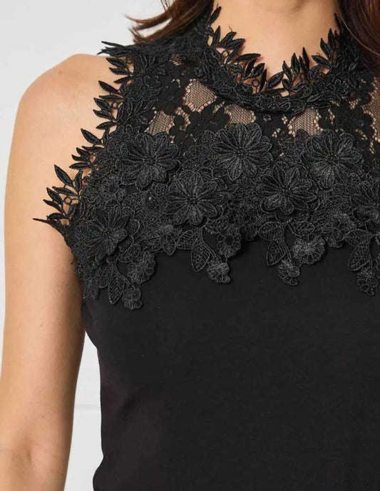 Schwarzes ärmelloses Top mit floraler Spitze