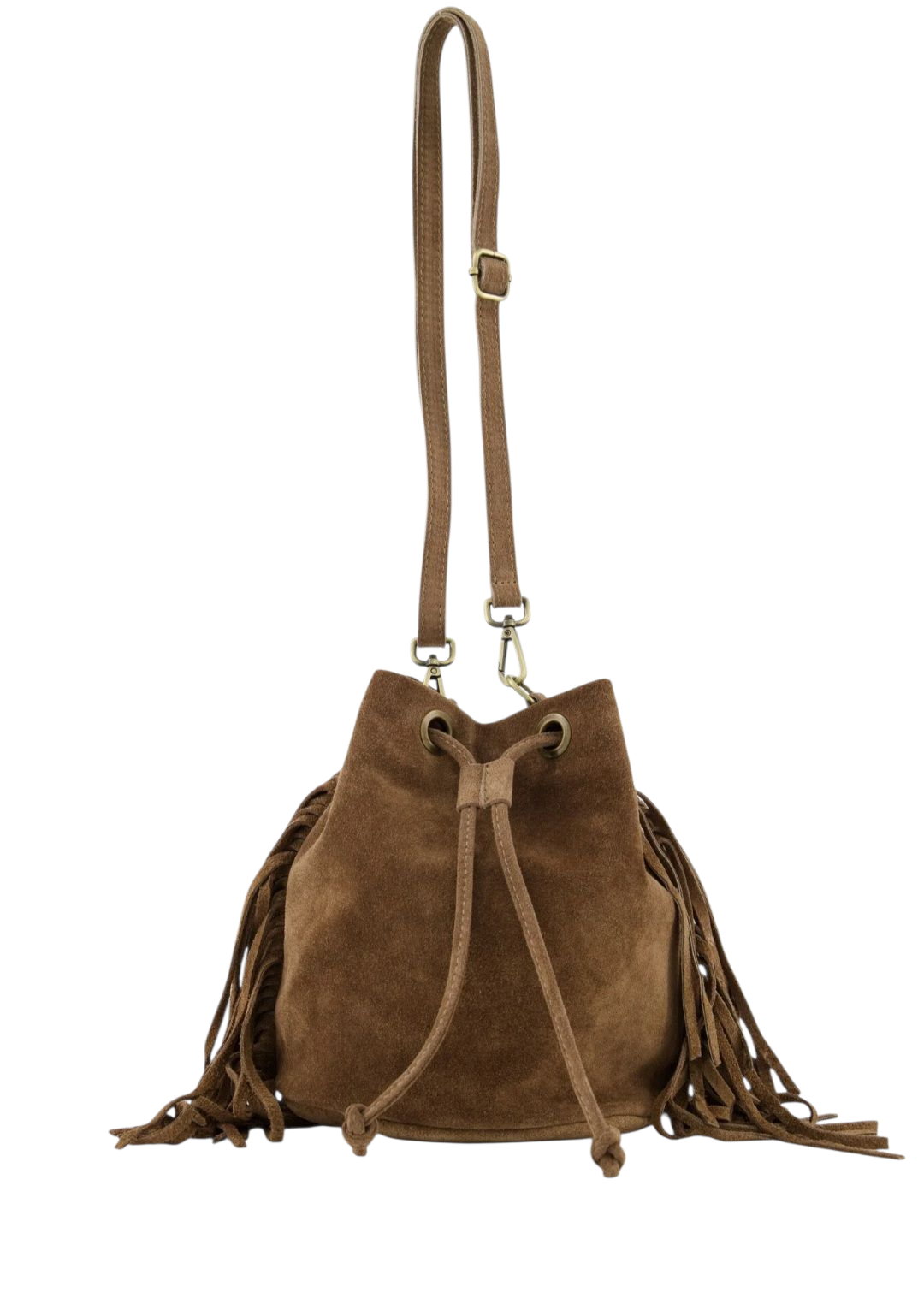 Suède Bucket Bag met Fringes – Bohemian Chic