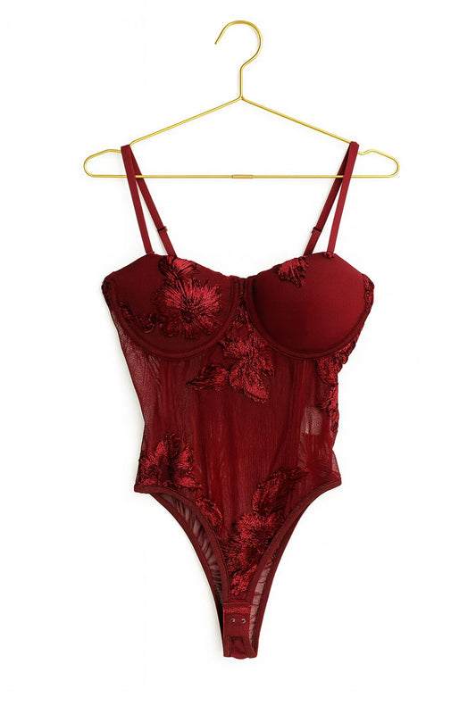 Floral Mesh Bodysuit – Burgundy