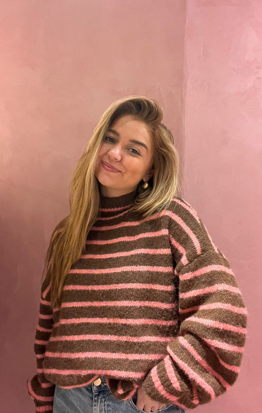 Gestreepte knit trui in roze & bruin
