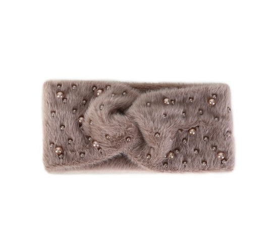 Luxe Fluffy Haarband met Pareldetails – Taupe