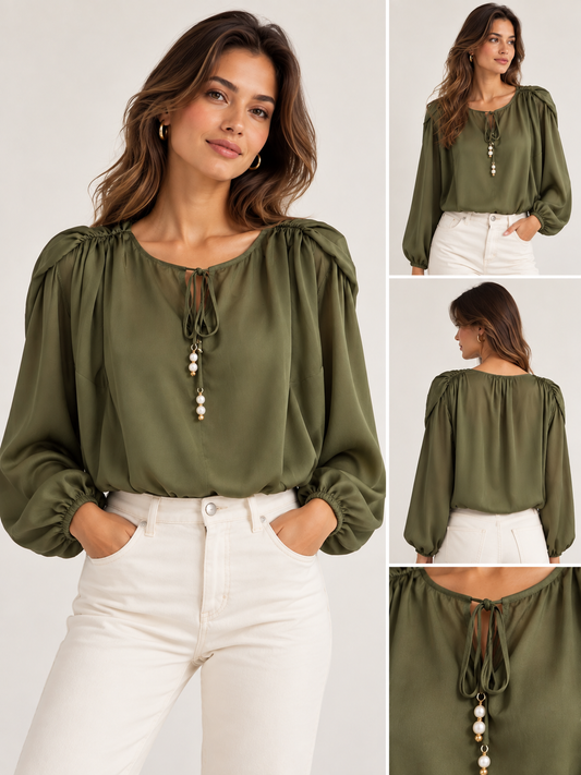 Olijfgroene Blouse met Parel Details