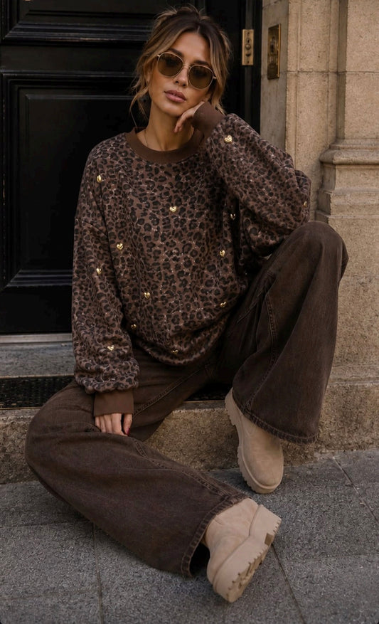 Leopard Heart Sweater – Brown