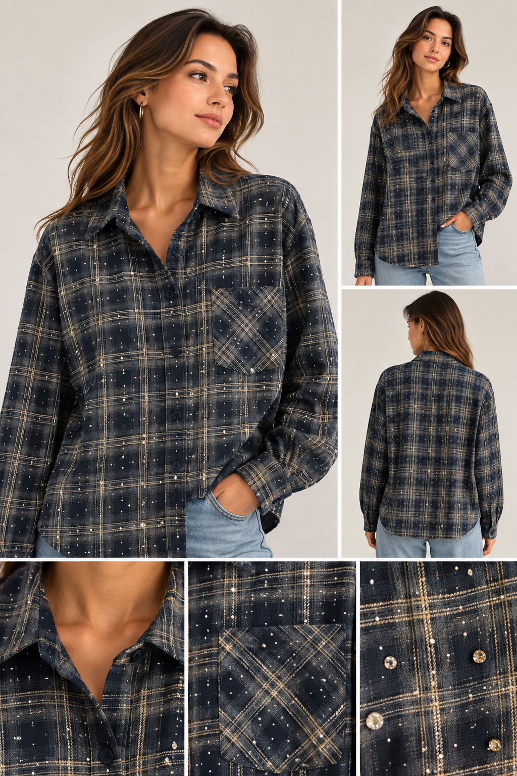Donkerblauwe Geruite Blouse met Strass & Statement Stenen