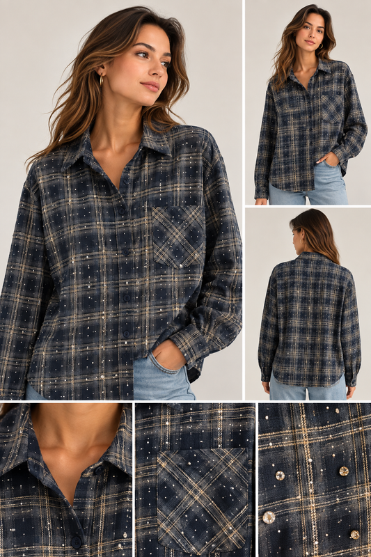 Donkerblauwe Geruite Blouse met Strass & Statement Stenen