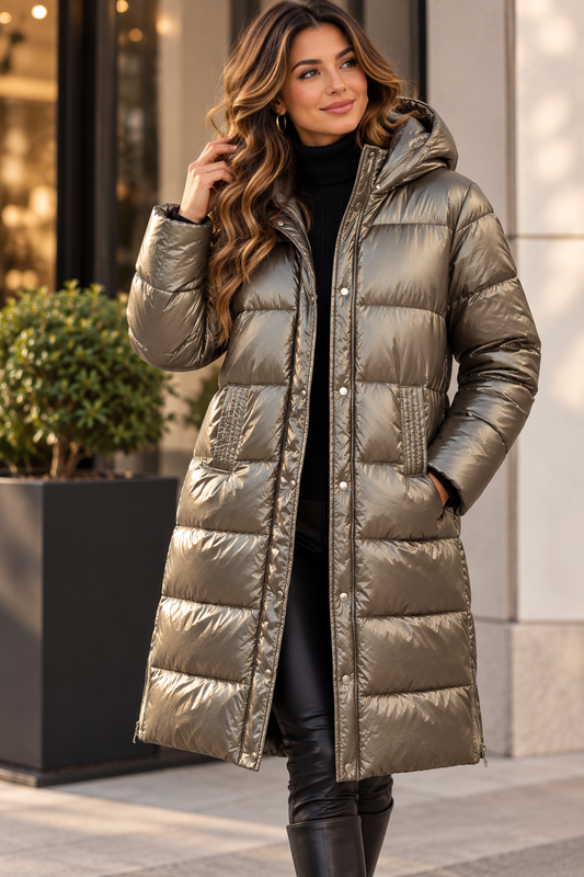 TAUPE-BRONZE METALLIC LANGE PUFFERJAS – LUXE WINTERLOOK