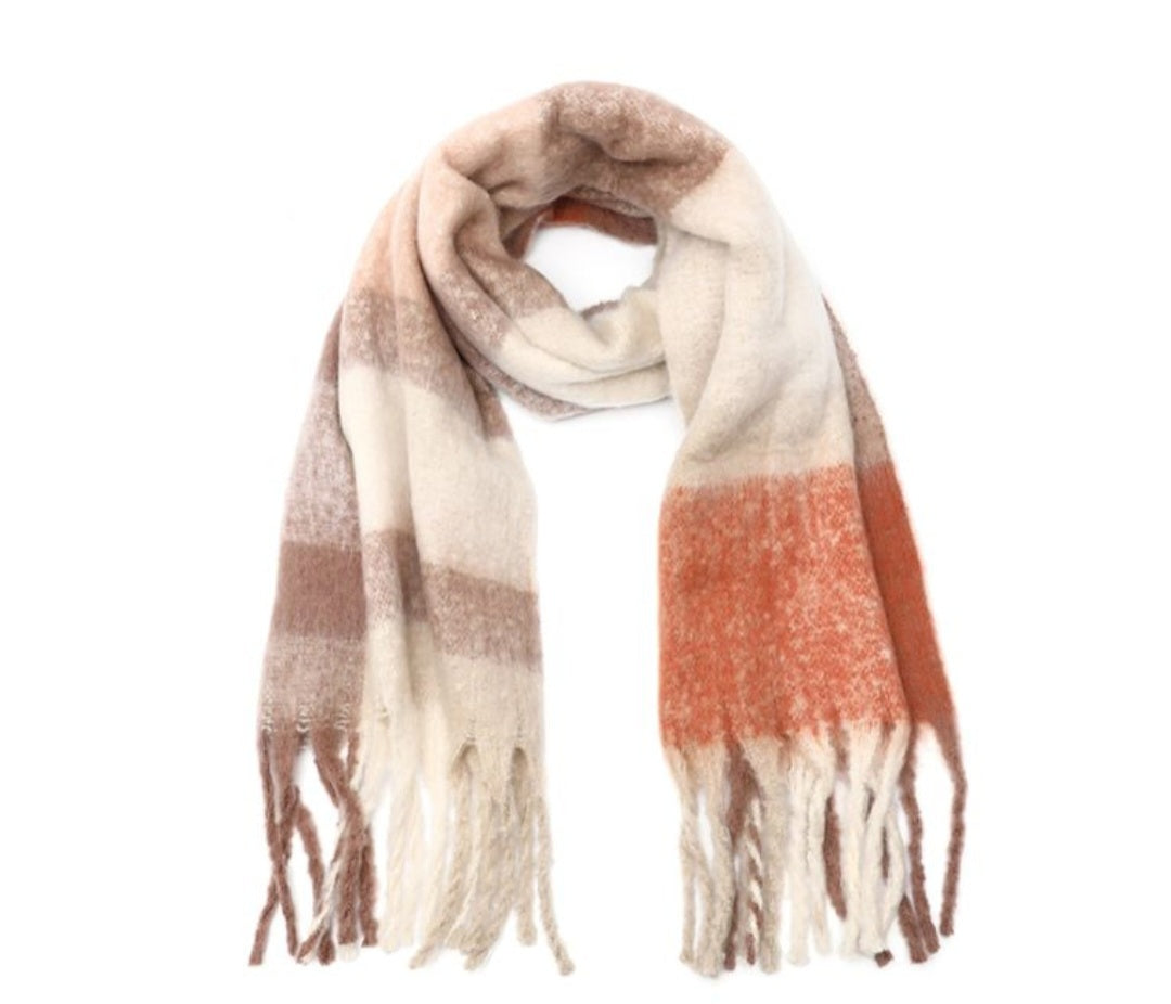 XL Sjaal met Franjes – Crème, Taupe & Roest