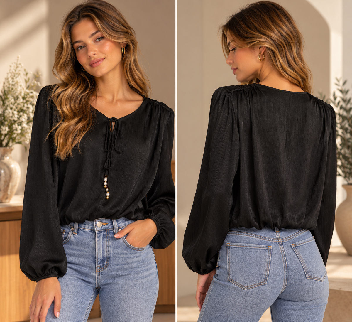 Satijnen Blouse met Sierdetail – Zwart