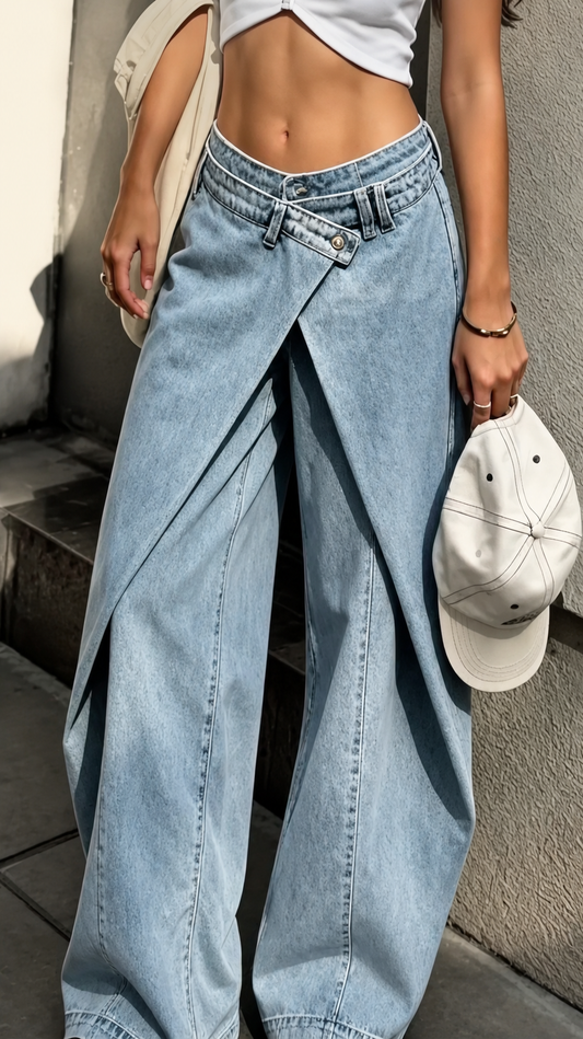 Wrap Waist Wide Leg Jeans – Light Blue
