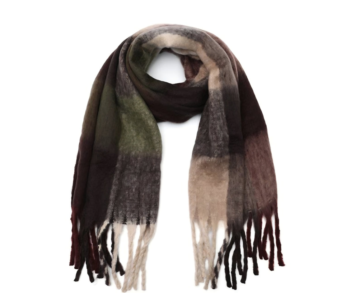 XL Sjaal met Franjes – Donkerbruin, Olijfgroen & Beige